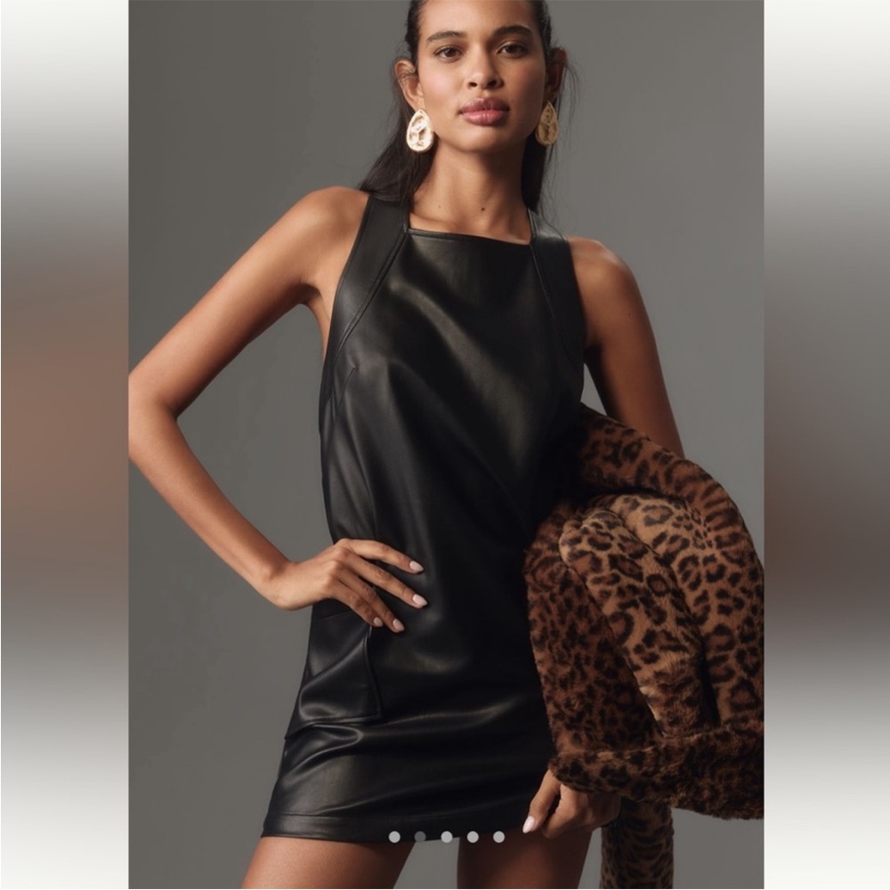 ⭐️ NEW Maeve Anthropologie Small Black Faux Leather Mini Dress Square Neck